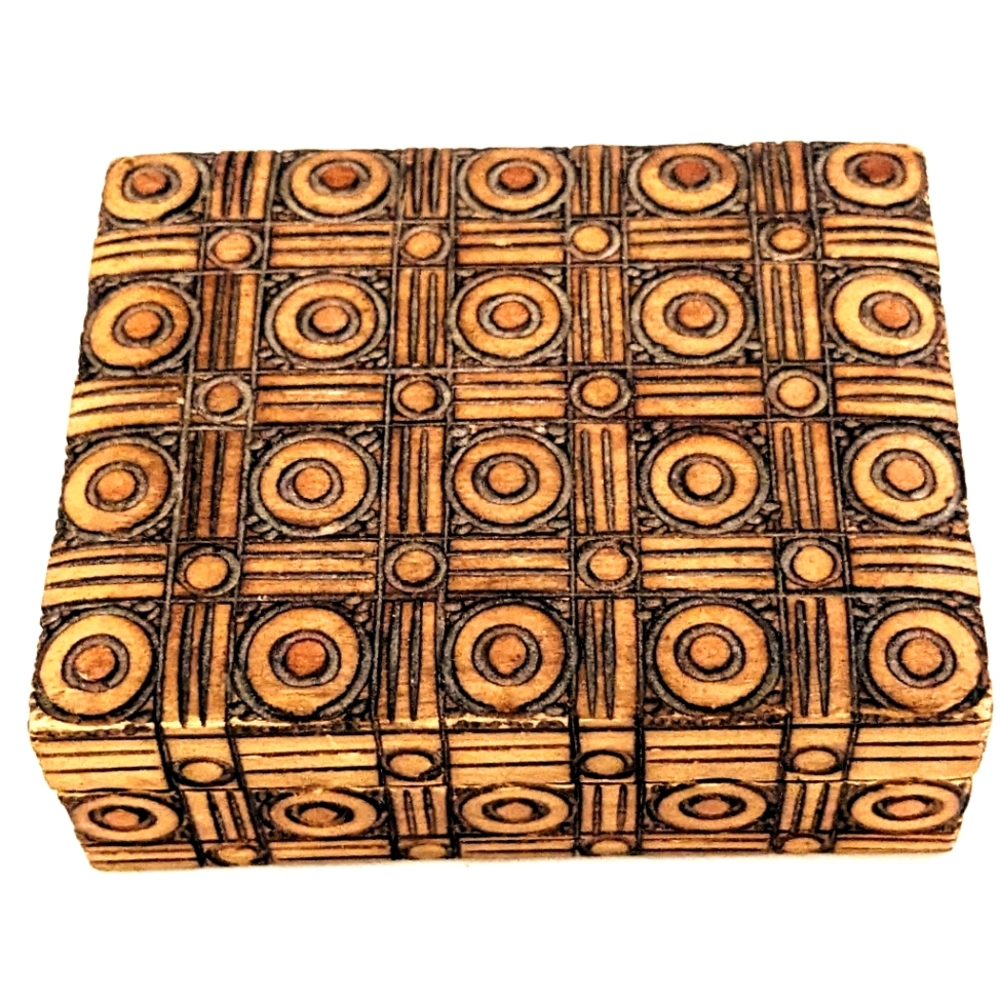 Vintage Polish Hand Carved Square Ornamental Wood and Wire Hinged Lidded  Box